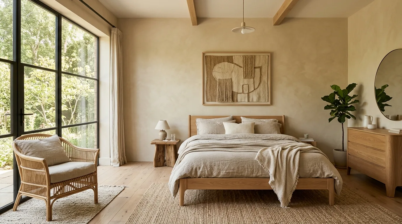 Natural organic modern bedroom styled for a serene sleep space.